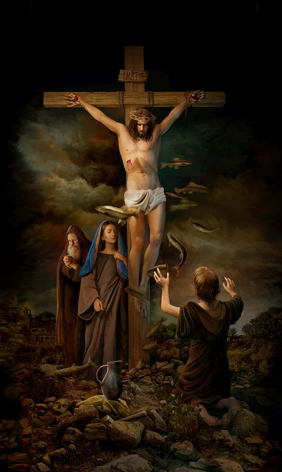 Jesusam Kreuz Mit Drei Personen Bildern.
