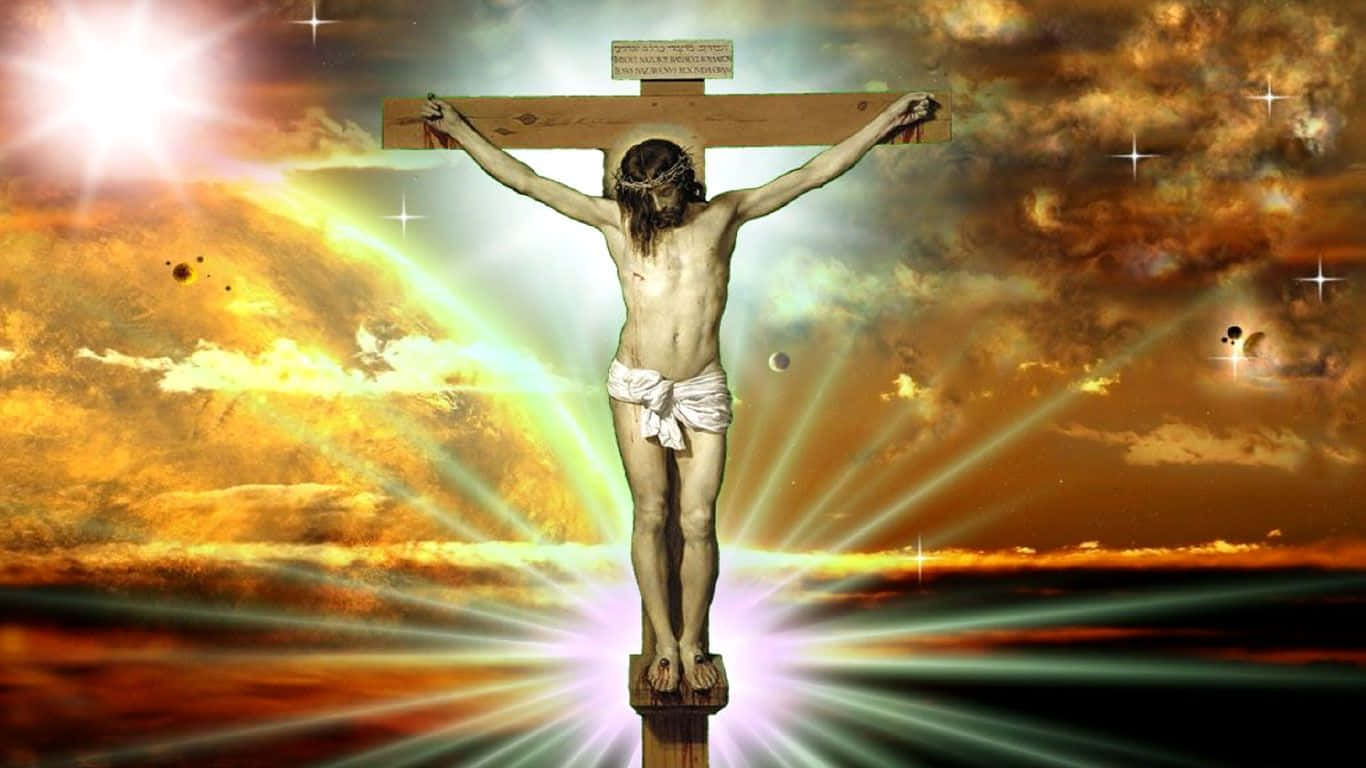 Imagende Jesús En La Cruz Con Luces Brillantes.