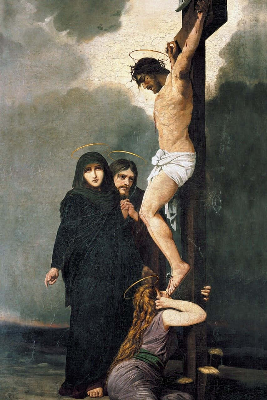 Bildav Jesus På Korset Med Jungfru Maria