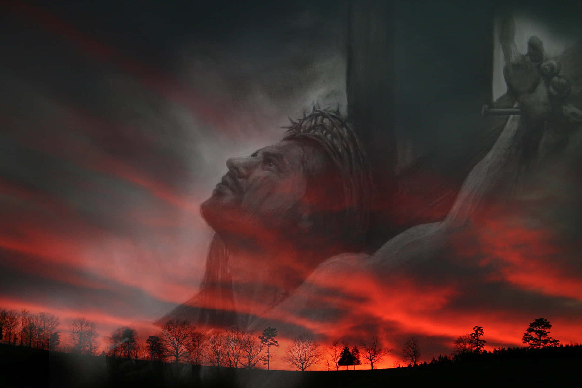Jesusam Kreuz, Roter Himmel, Transparente Bilder