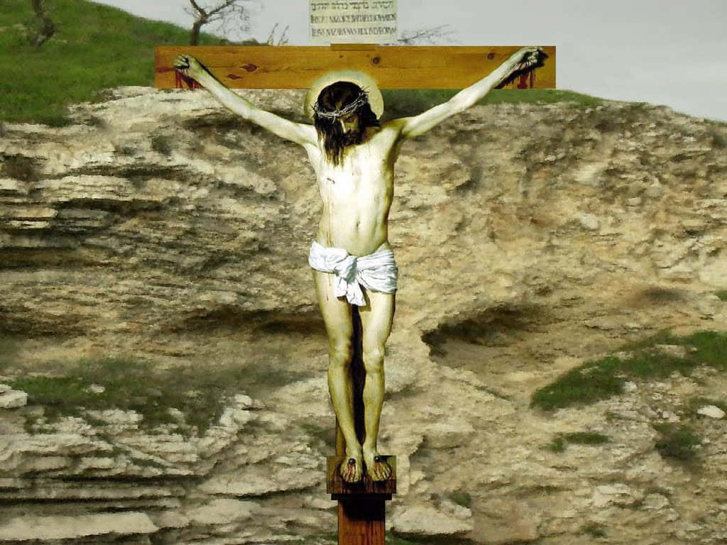 Jesuspå Korset Med Stor Stenbild