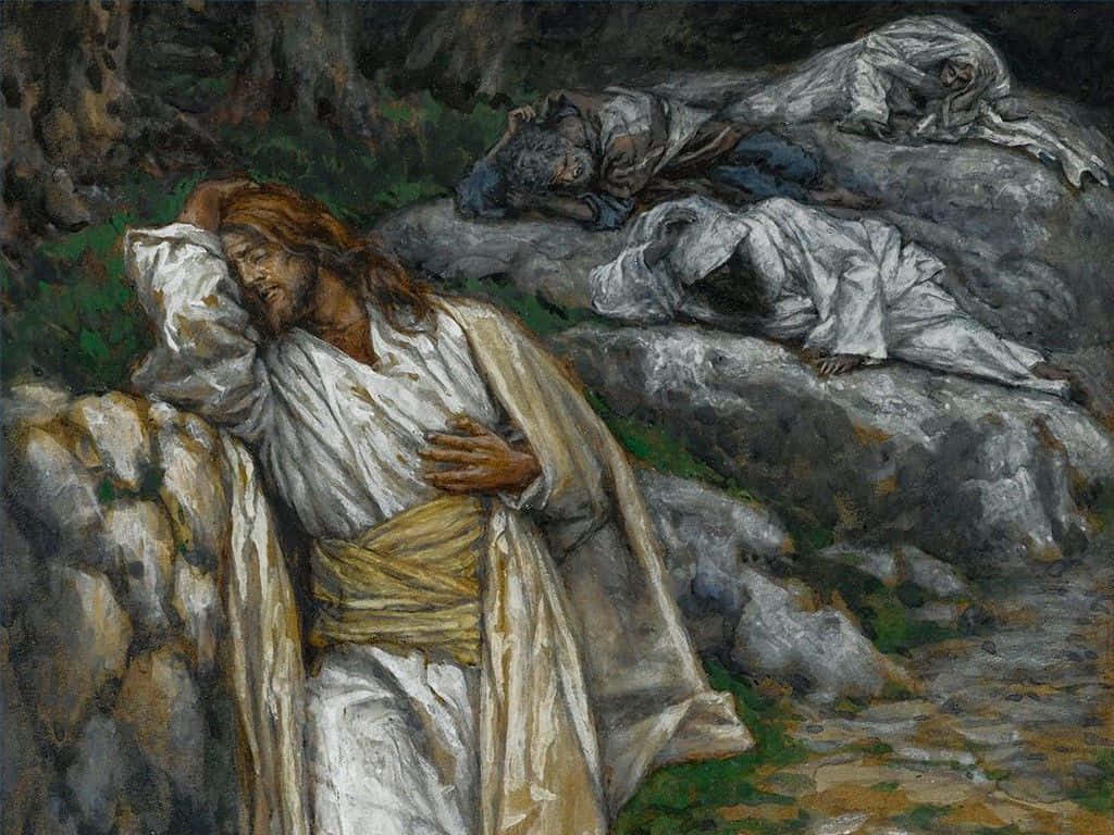 Et maleri af Jesus liggende på jorden Wallpaper