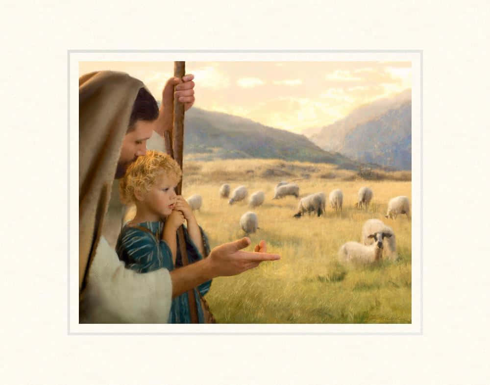 Jesus Christ, the Good Shepherd, embracing a flock of sheep with love and protection. Wallpaper