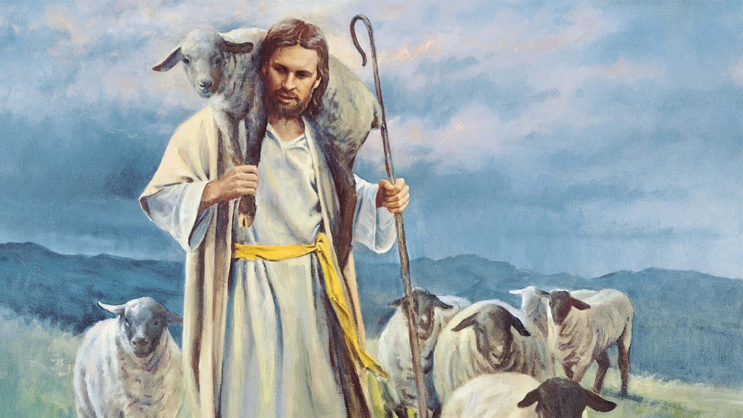 Jesus lovingly guiding his flock of sheep Wallpaper