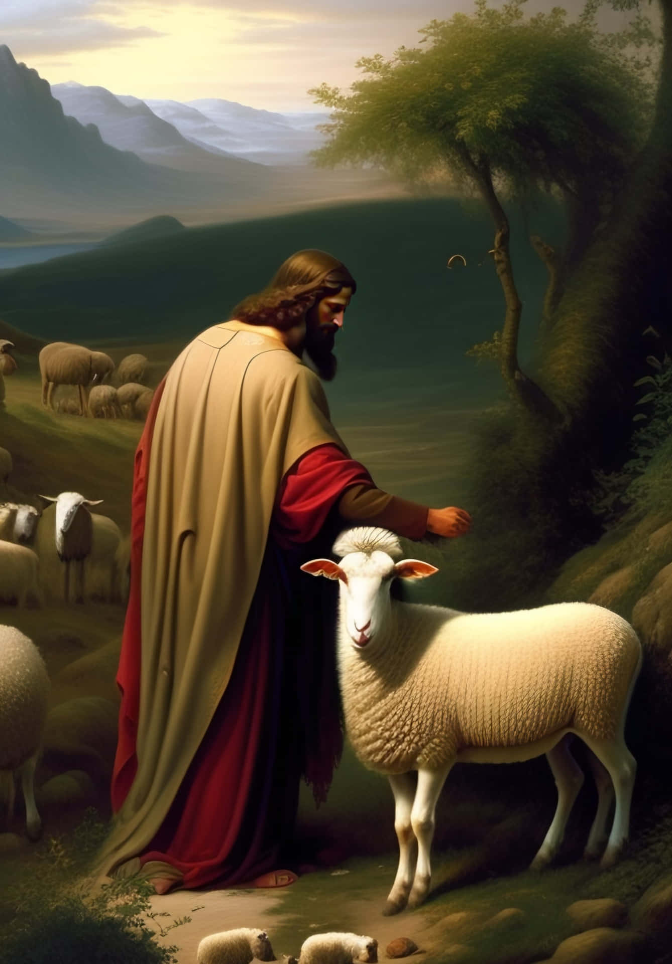 Jesus lovingly guiding his flock of sheep Wallpaper