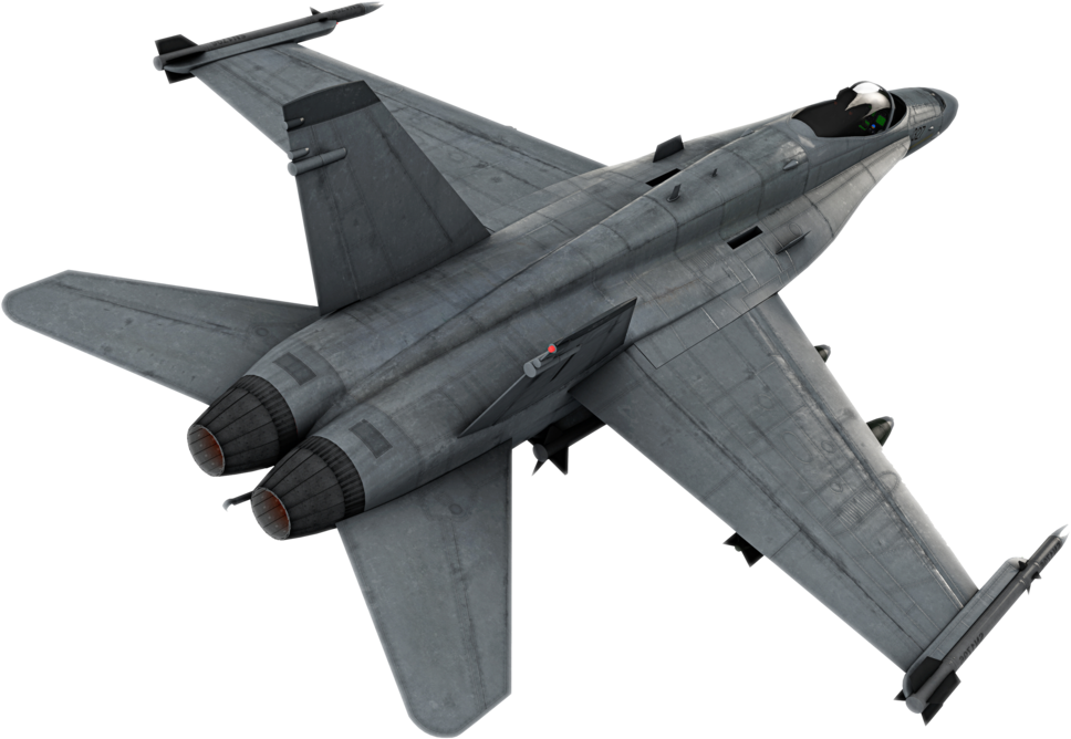 Jet Fighter In Flight PNG — A sleek gray fighter jet with twin engines and mounted missiles is shown in a high-angle view against a black background.
