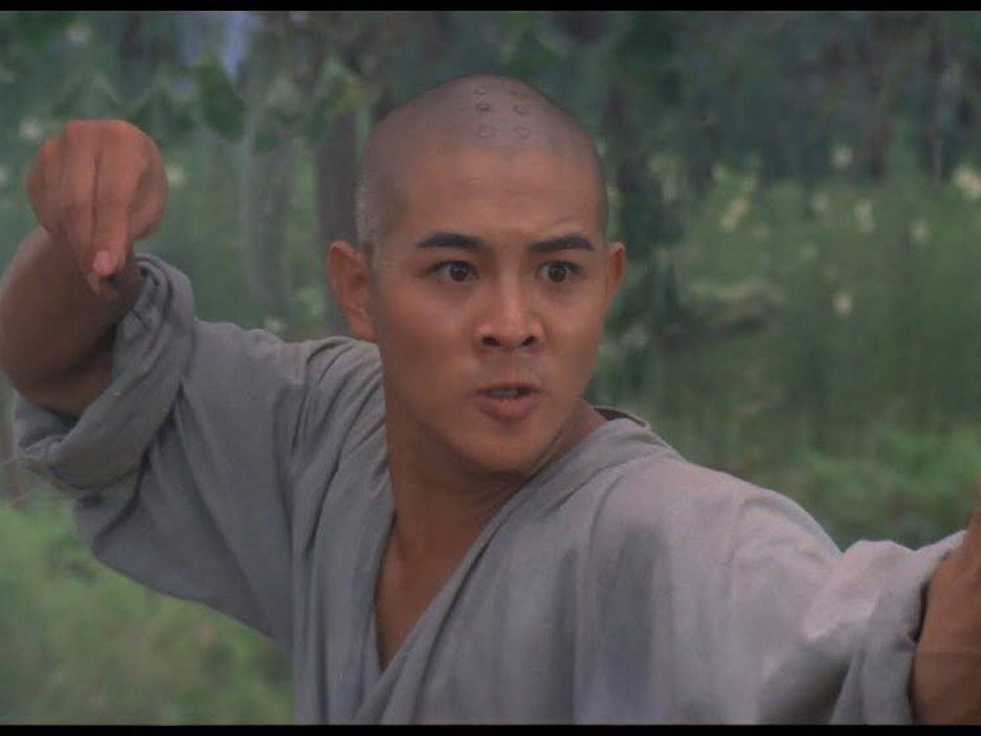 Jet Li demonstrating powerful Kung Fu moves in Shaolin Temple. Wallpaper