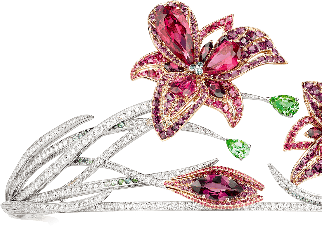 Jeweled Flower Brooch Pink Green Crystals PNG