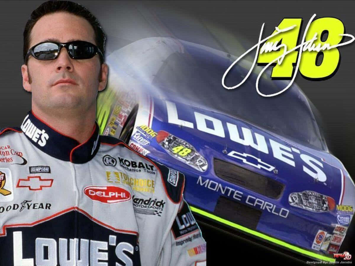 Jimmie Johnson standing victorious beside his NASCAR race car Wallpaper