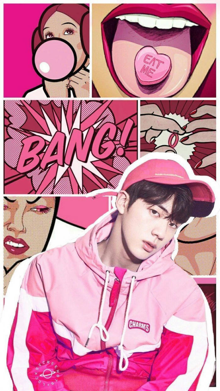 Jin BTS Sødt Pink Fanart Tapet: Et tapet af Jin fra BTS i sødt pink fan art stil. Wallpaper