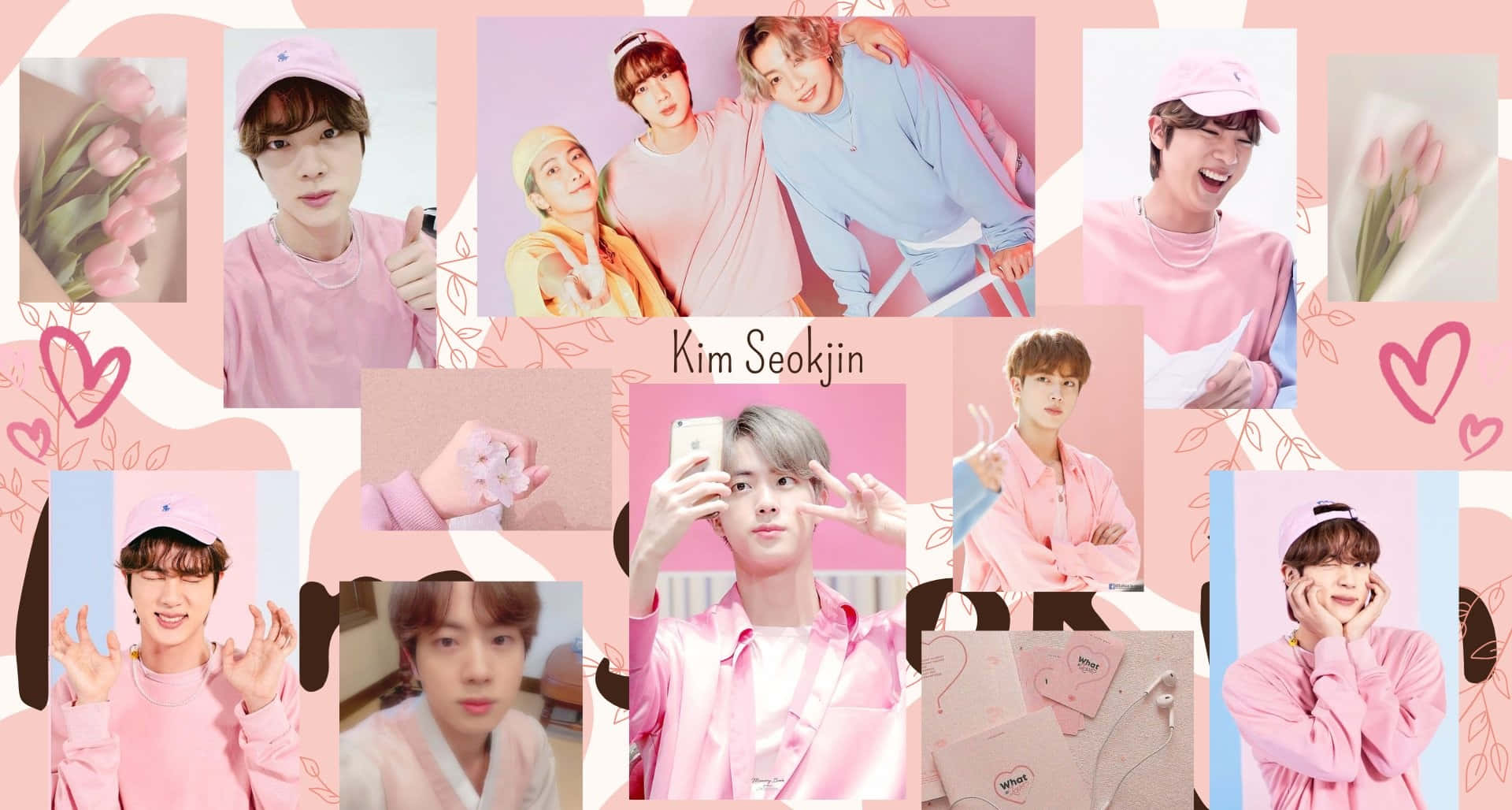 A Collage Of Pictures Of Bts Members In Pink
