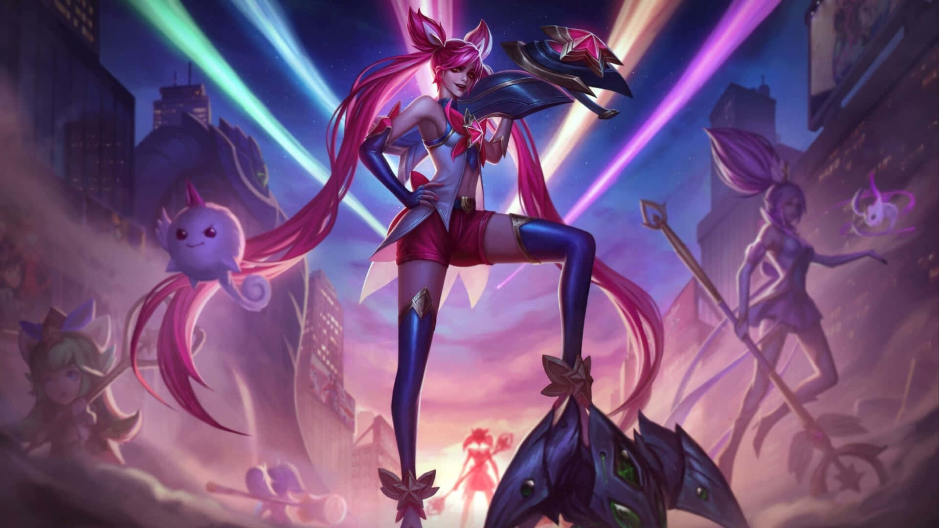 Jinx wielding her weapons in a dynamic pose on a stylized battle background.