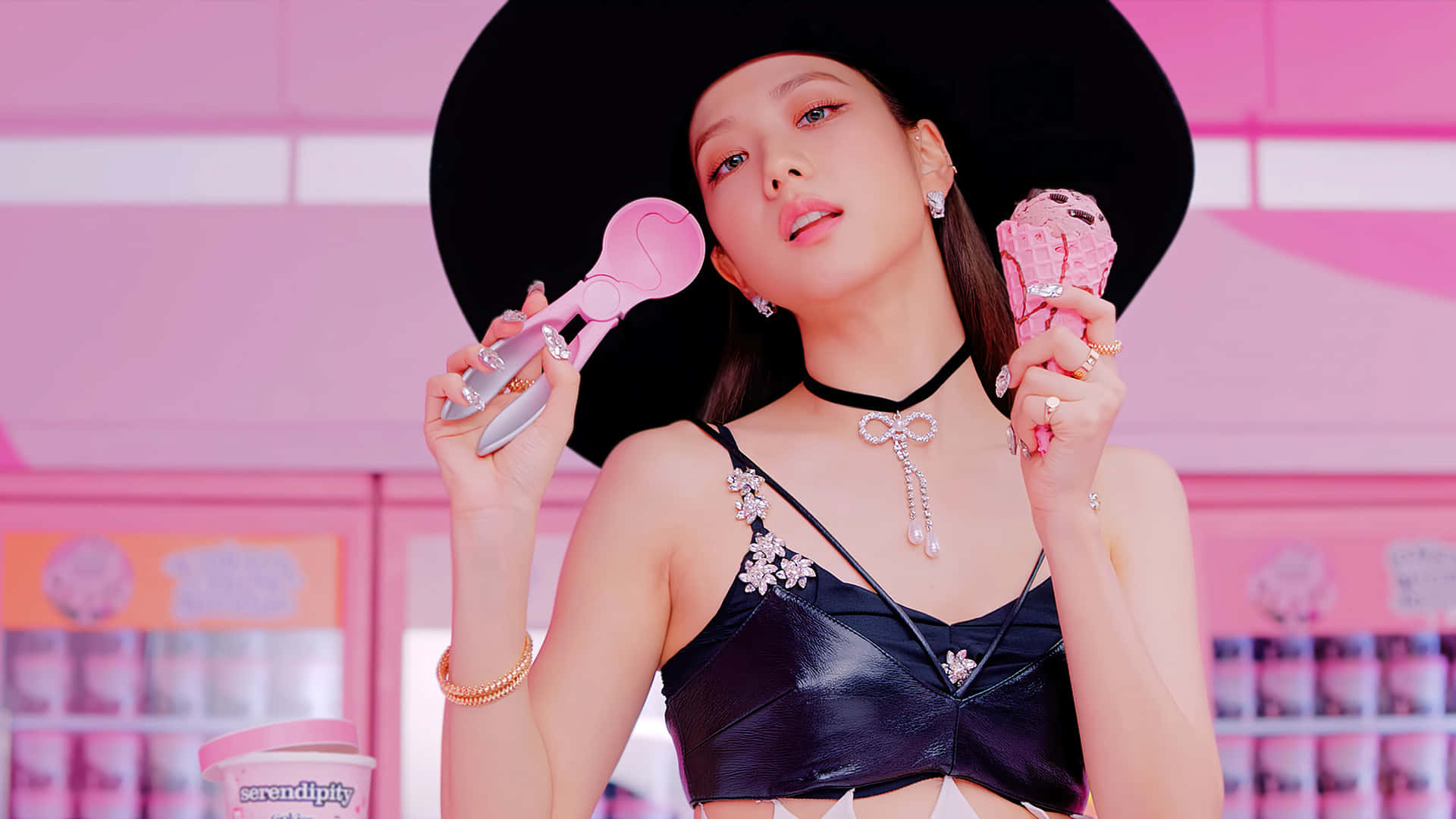Jisoo Blackpink Ice Cream Black Outfit Wallpaper