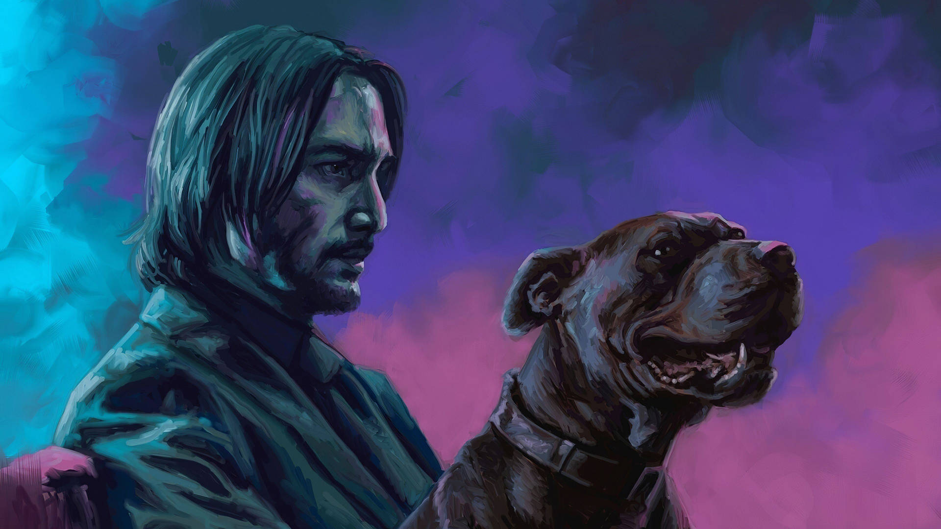 John Wick Og Hund Kunst Tapet: Tegn den berømte scene fra John Wick med hunden og ham. Wallpaper