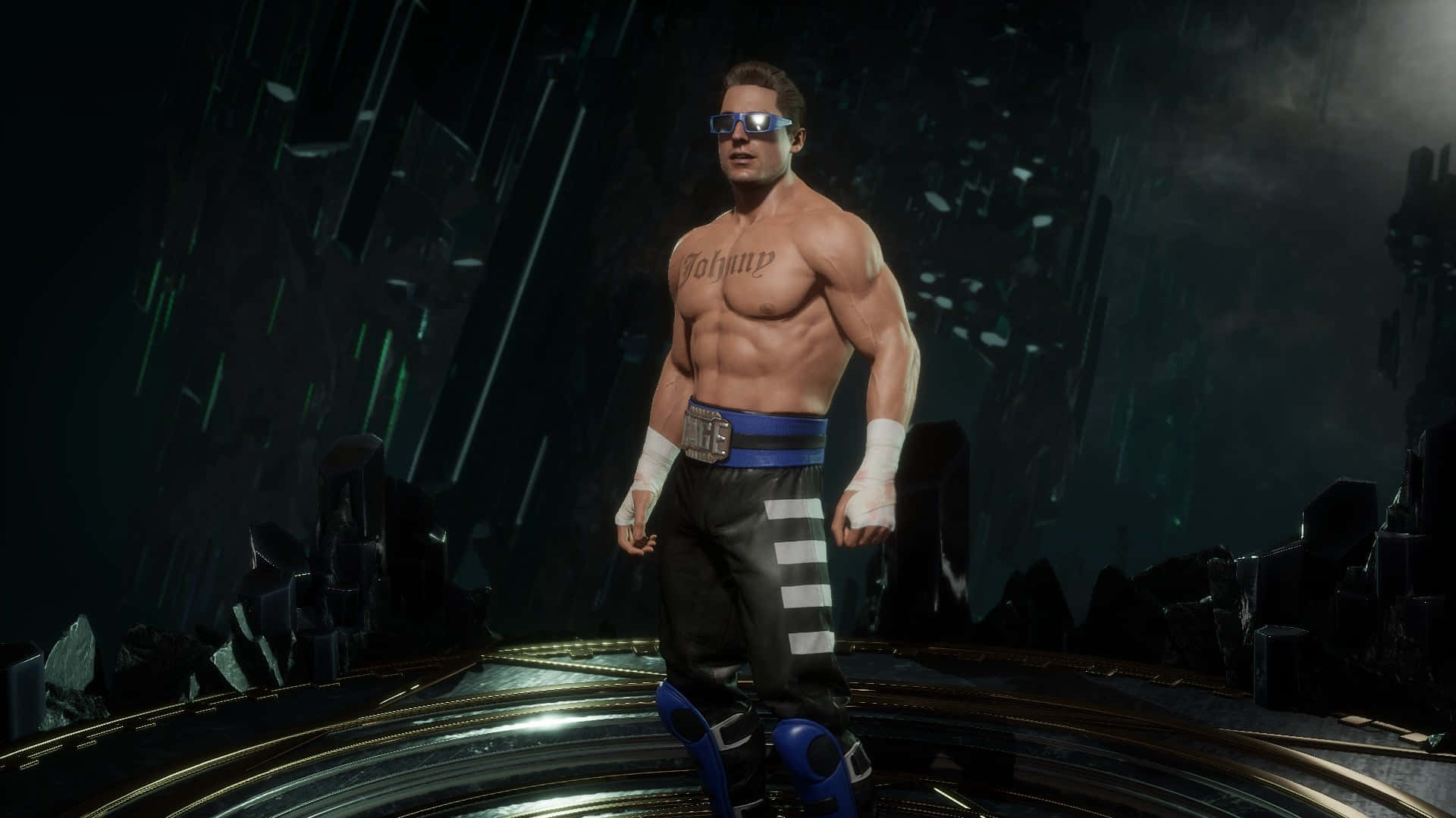 Johnny Cage in a dynamic fighting pose with his signature sunglasses. Wallpaper