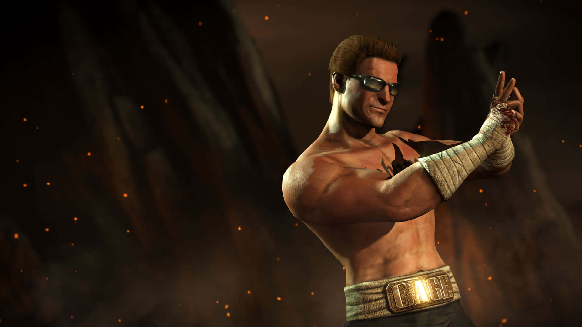 Johnny Cage leaning against a brick wall in a battle-ready pose Wallpaper