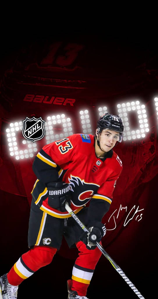 Johnnygaudreau Hockey Su Ghiaccio Calgary Flames Autografo Sfondo