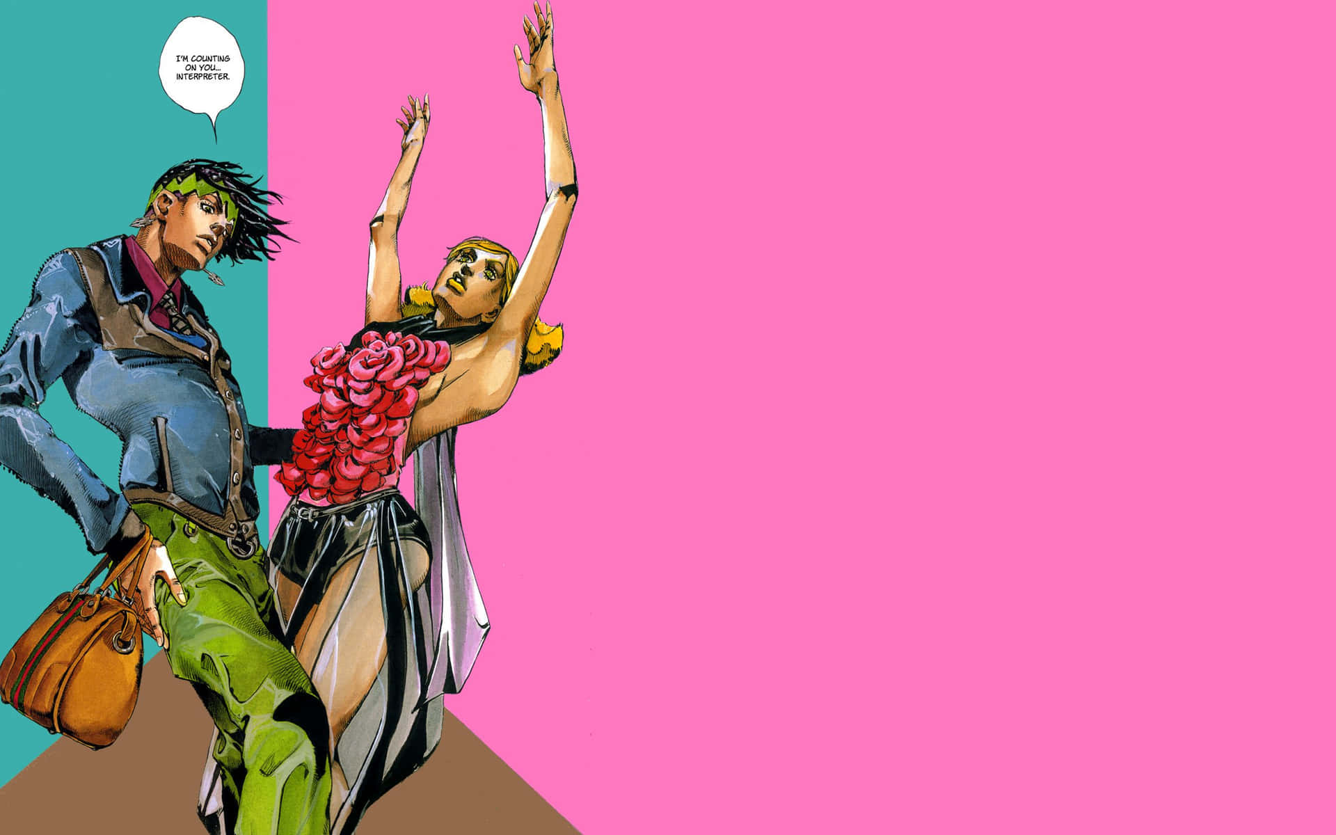 A creative and vibrant desktop background featuring artwork from the popular anime, Jojo. Wallpaper