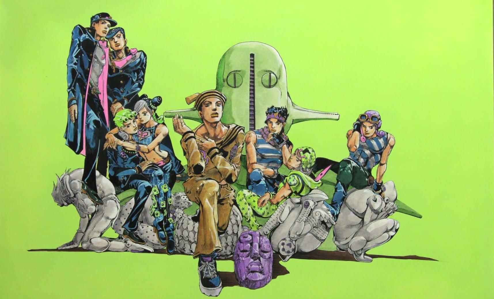 A Painting Of A Group Of People With A Green Background Wallpaper