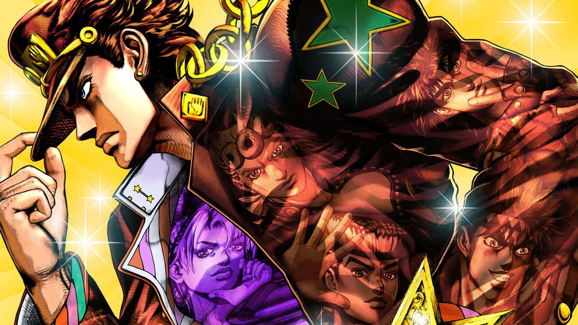 The heroes of Jojo's Bizarre Adventure standing atop a pile of rubble in a war-torn city