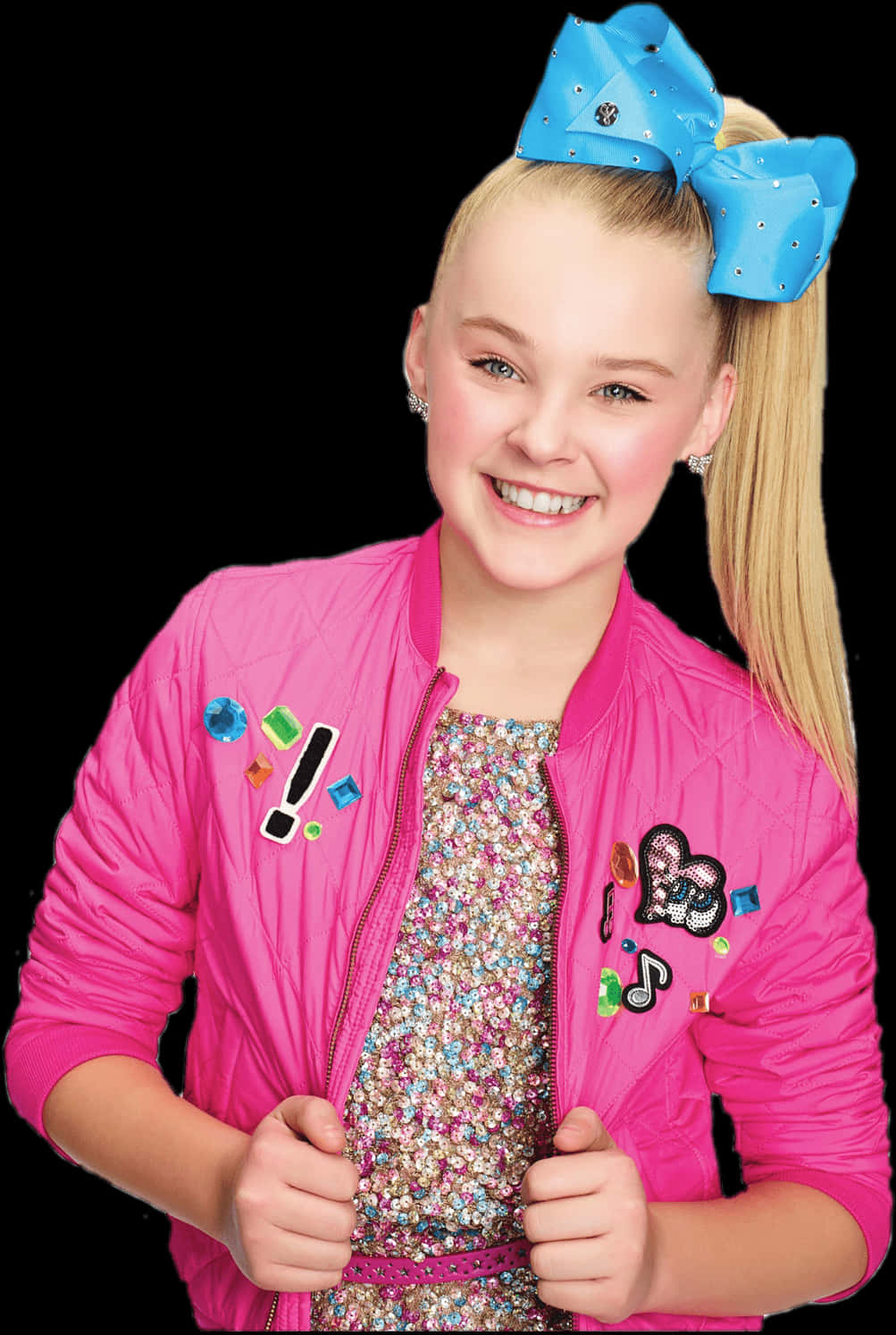 Download Jojo Siwa Smilingin Pink Jacketand Blue Bow | Wallpapers.com