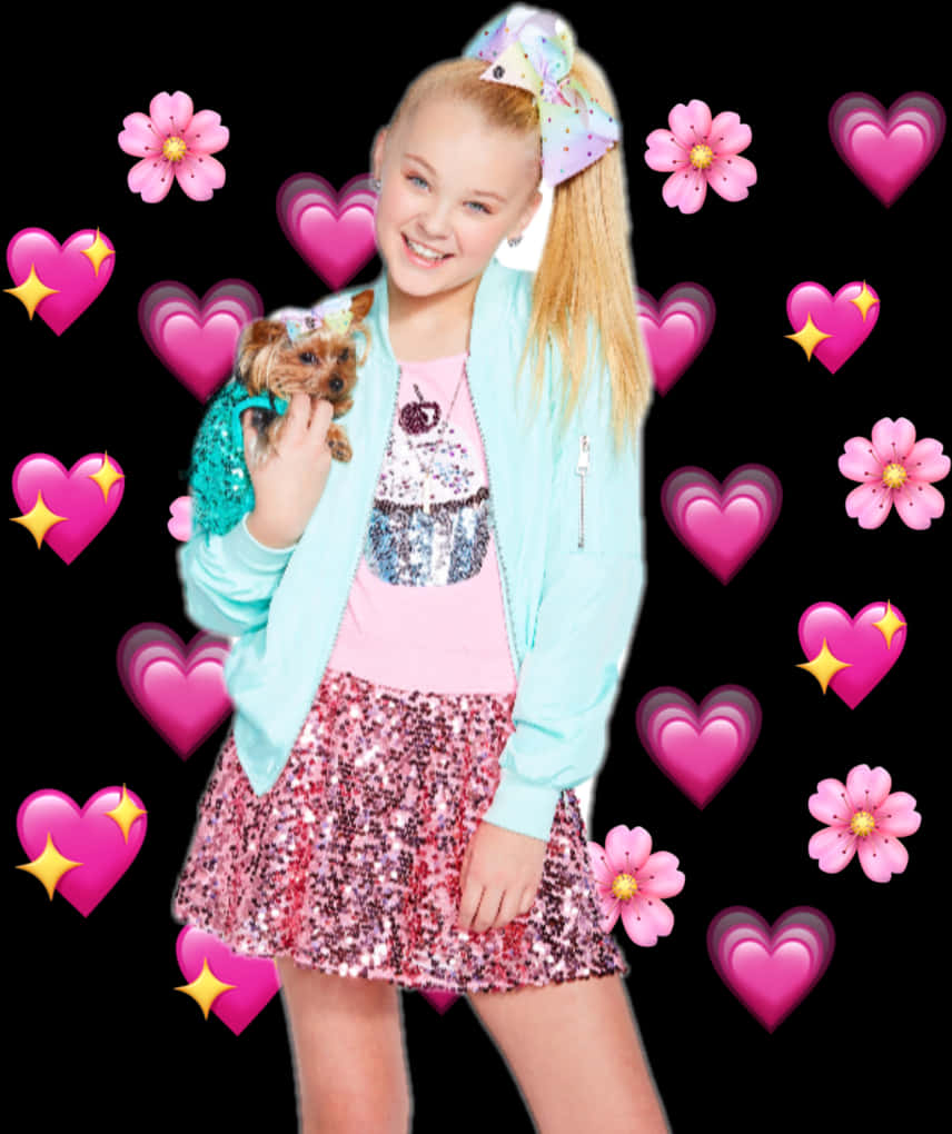 Jojo_ Siwa_ Holding_ Puppy_ Surrounded_by_ Hearts_and_ Flowers PNG