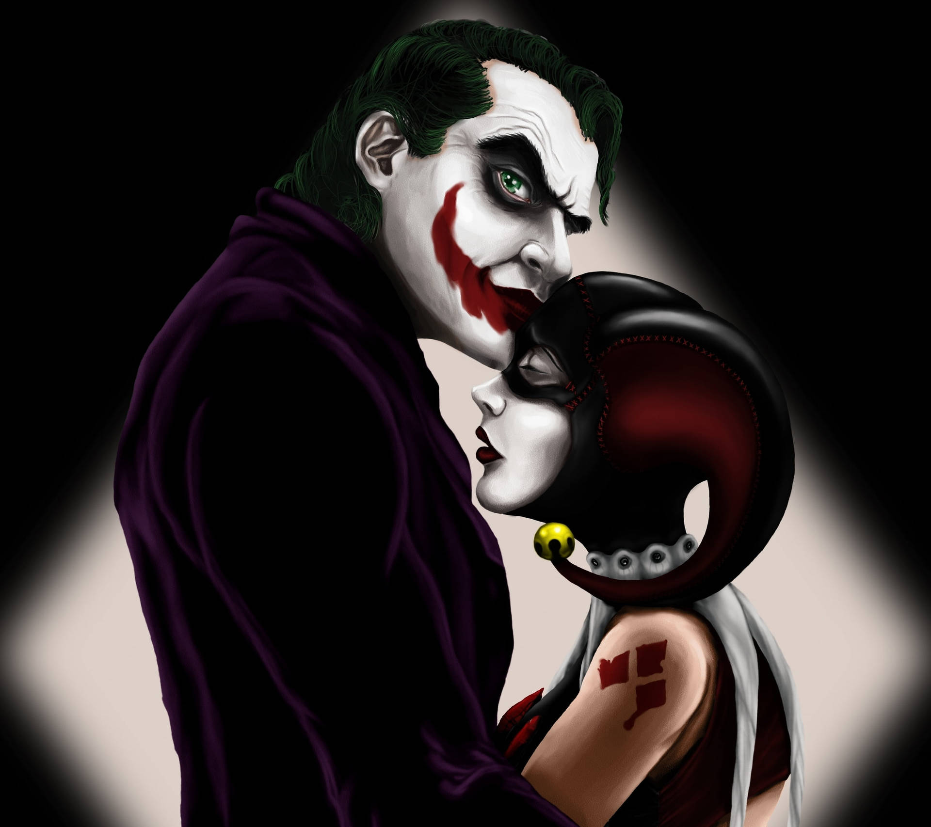 Jokerund Harley Quinn Kuss Auf Der Stirn Wallpaper