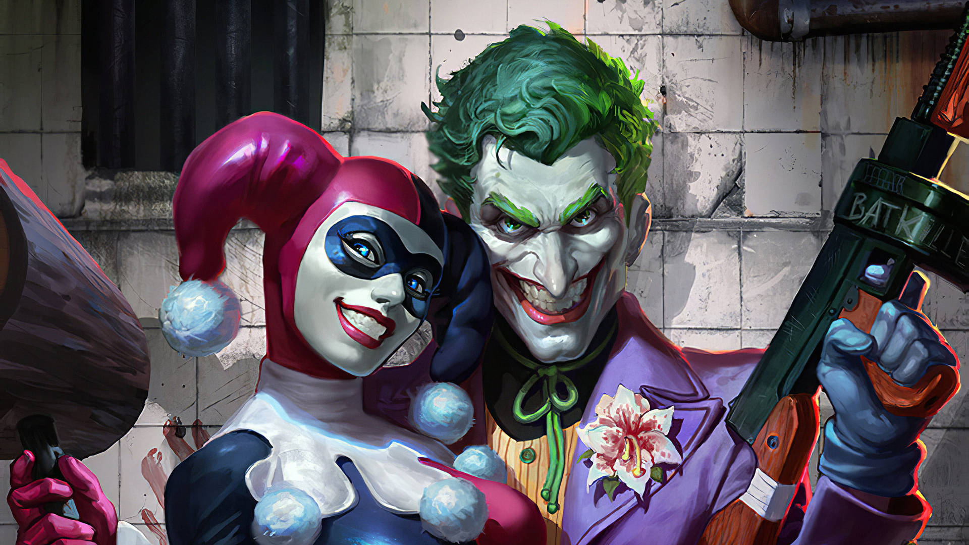 Joker And Harley Quinn With Weapons Wallpaper