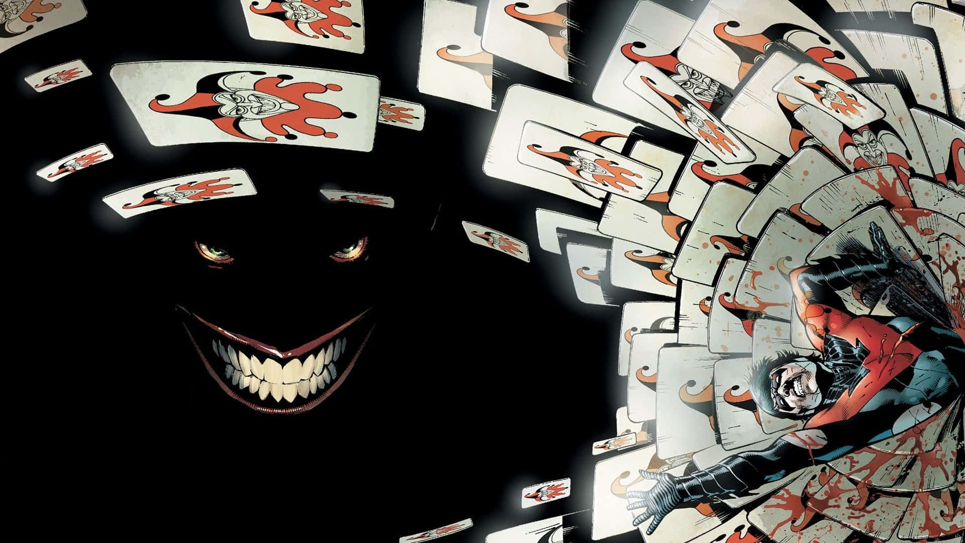 A Sinister Joker Card in a Mysterious Black Background Wallpaper
