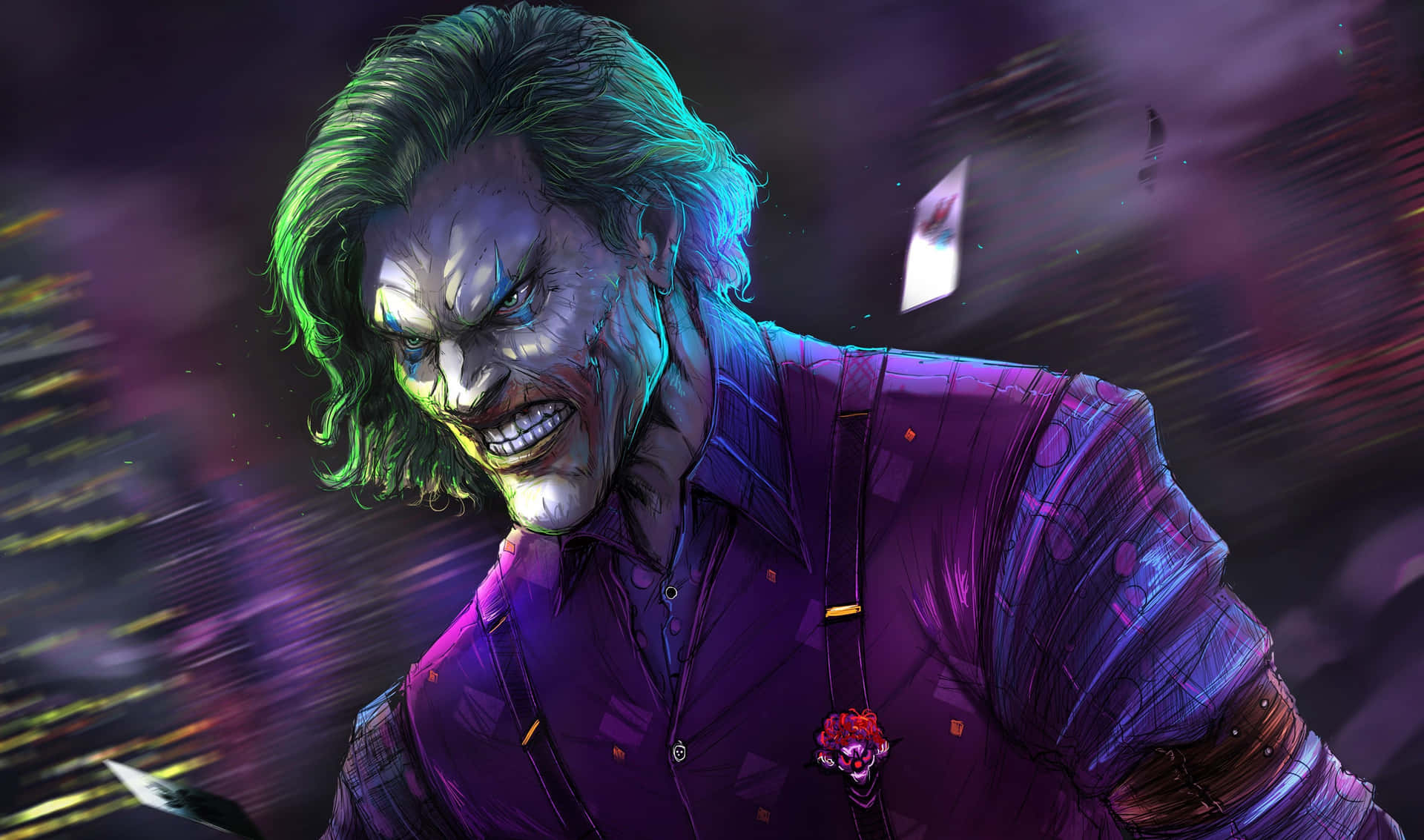 A dark and vibrant Joker painting showcasing the anticipation of chaos Wallpaper