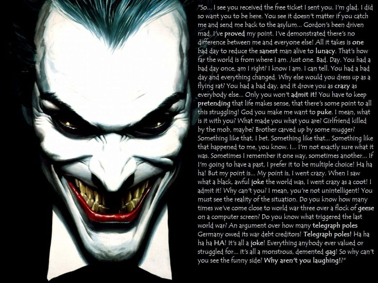 Joker with a sinister smile and his quote about society Wallpaper