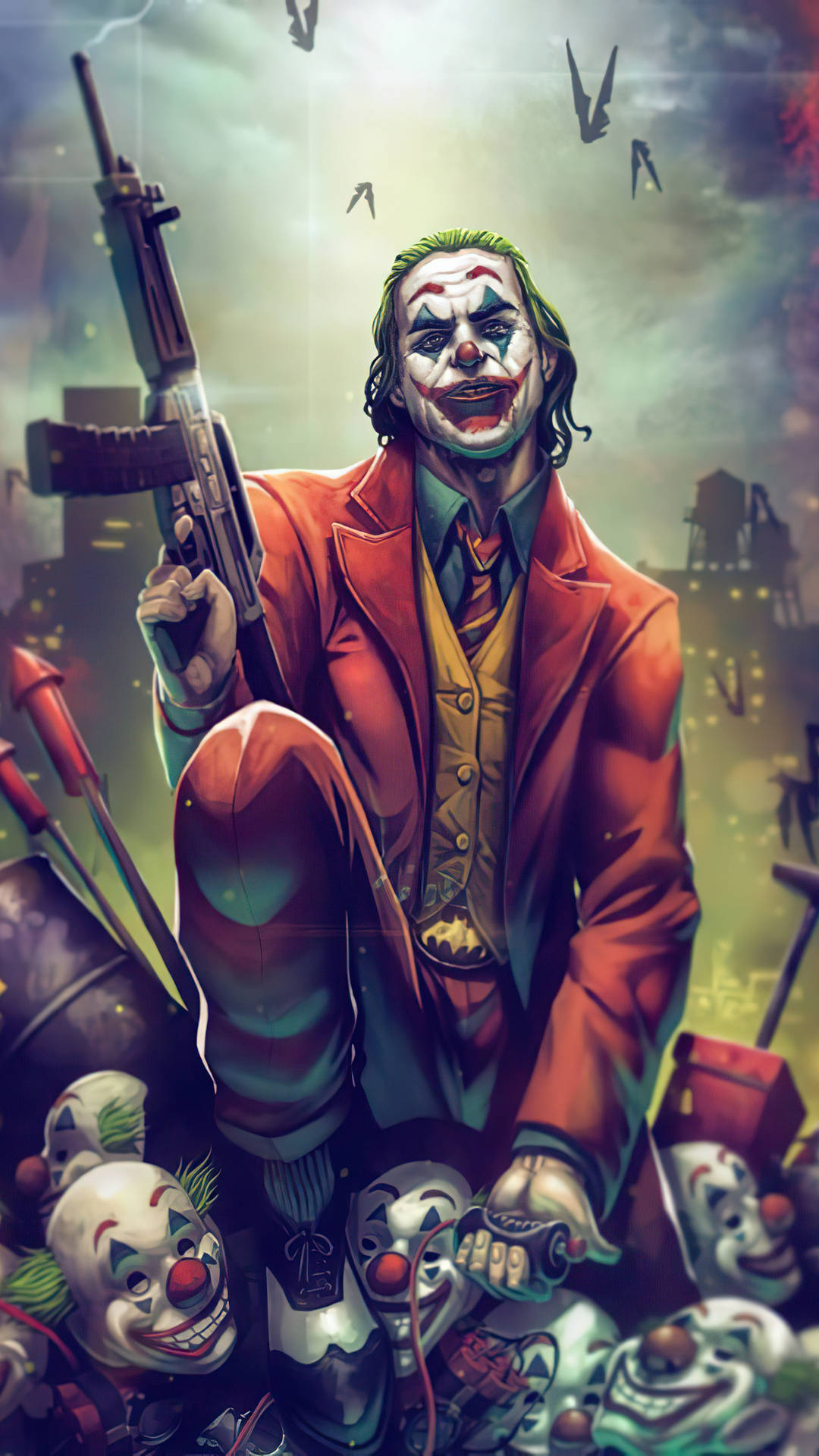 Joker-telefon Med Rifle- Og Klovneansigter Wallpaper
