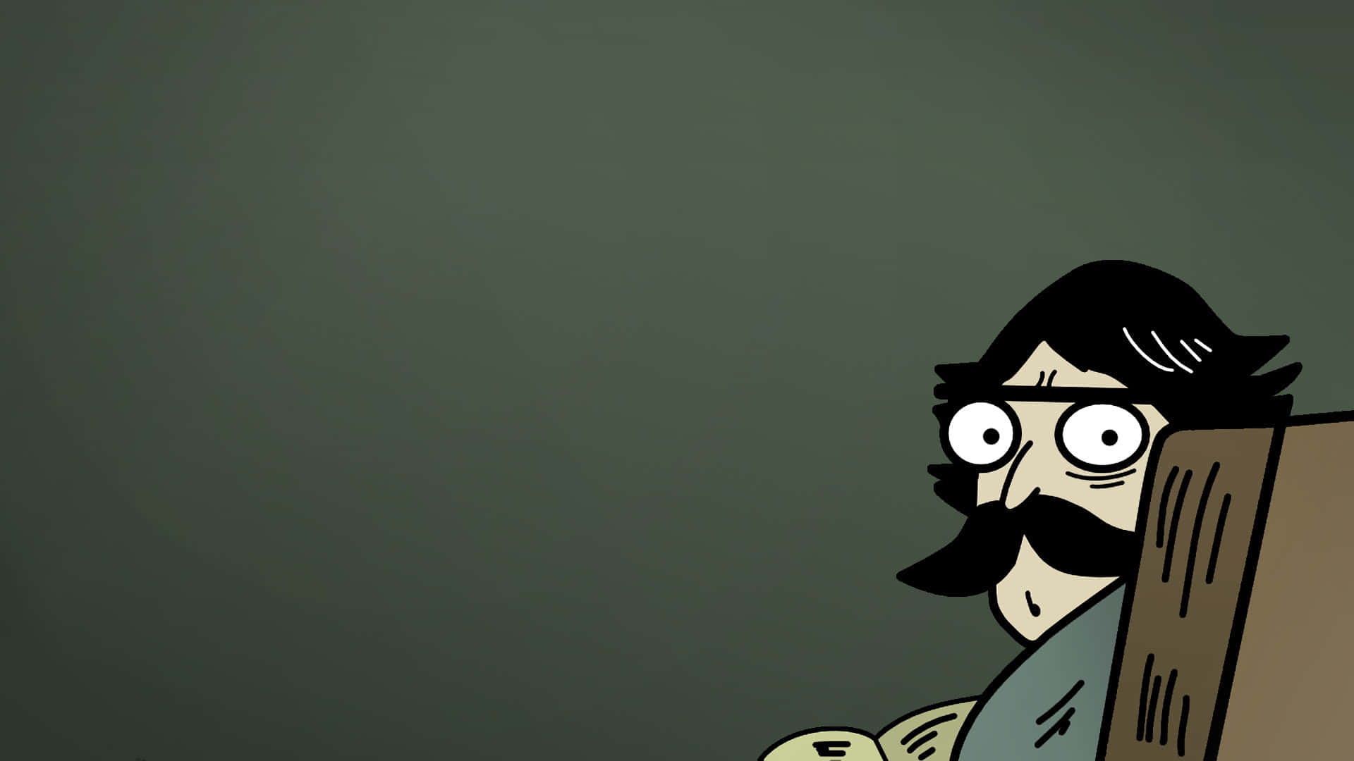A Cartoon Man With A Mustache And Glasses Sitting In Front Of A Dark Room Wallpaper