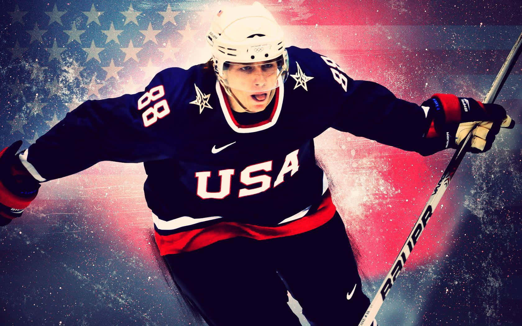 A Hockey Player Is Running With An American Flag Behind Him Wallpaper
