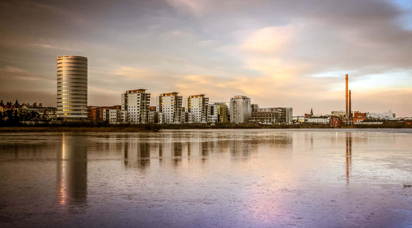 Jönköping Zweden Zonsondergang Skyline Achtergrond