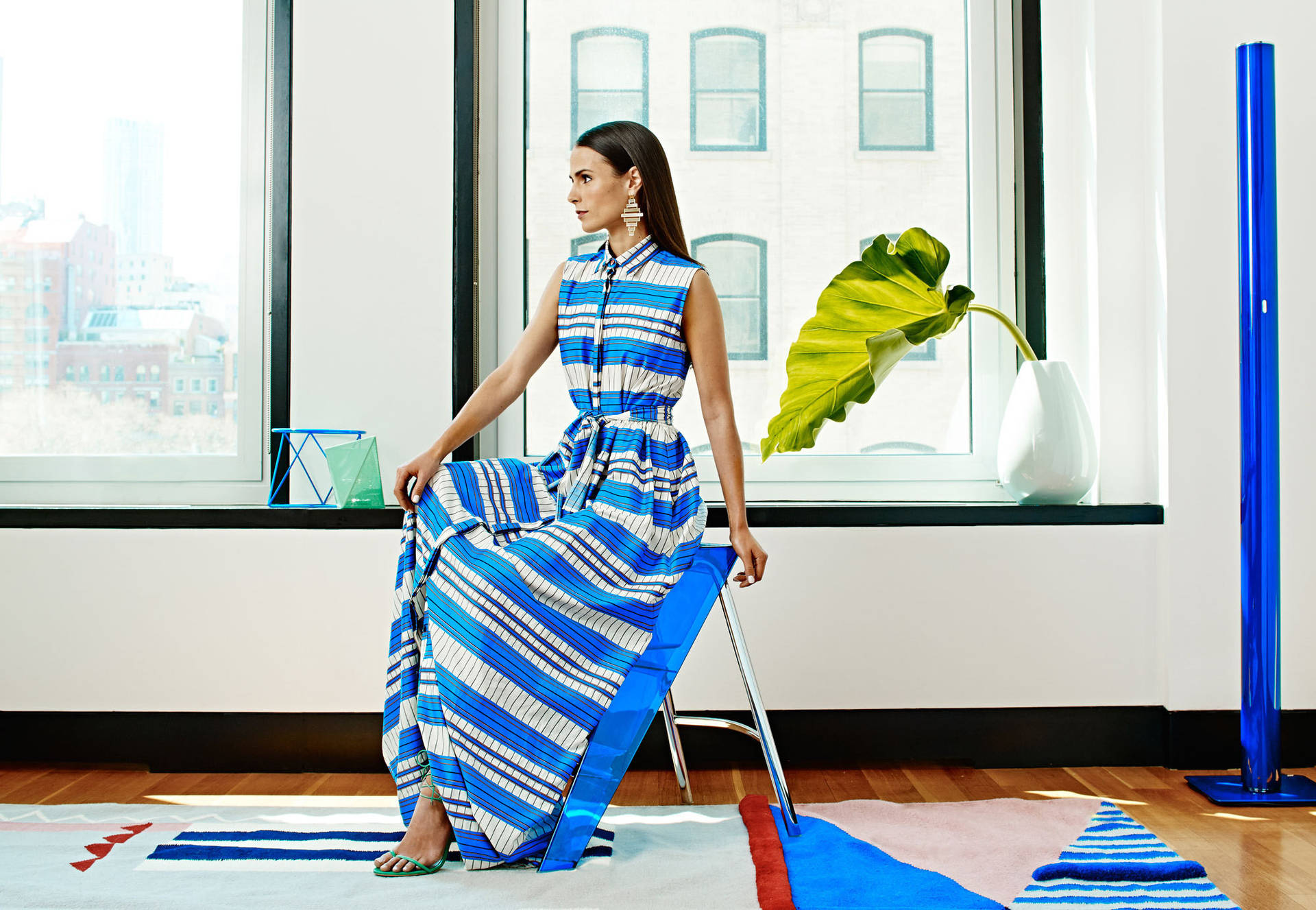 Stunning Jordana Brewster in a Striped Blue Dress Wallpaper