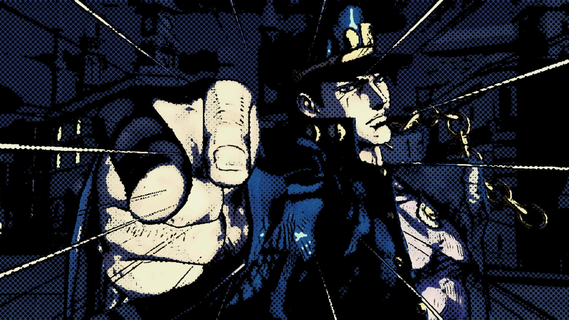 Jotaro Kujo strikes a pose in his iconic outfit standing against a striking night cityscape. Wallpaper