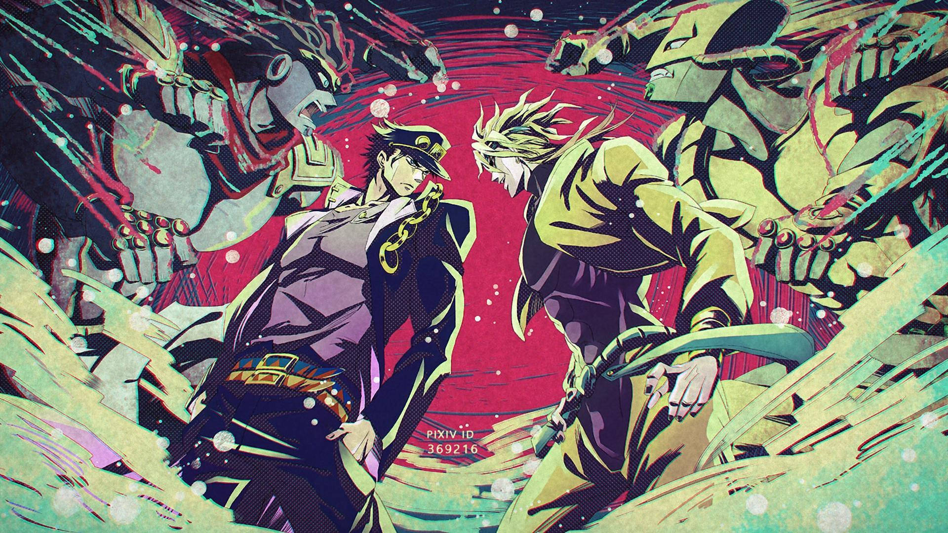 Jotaro Kujo, protagonist of the classic manga series Jojo's Bizarre Adventure, fights off his mortal enemy, the vampire Dio Brando. Wallpaper