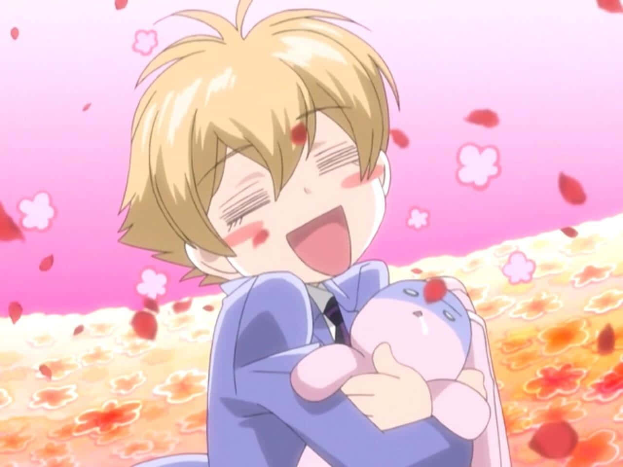 Joyful Anime Character Hugging Plush Wallpaper