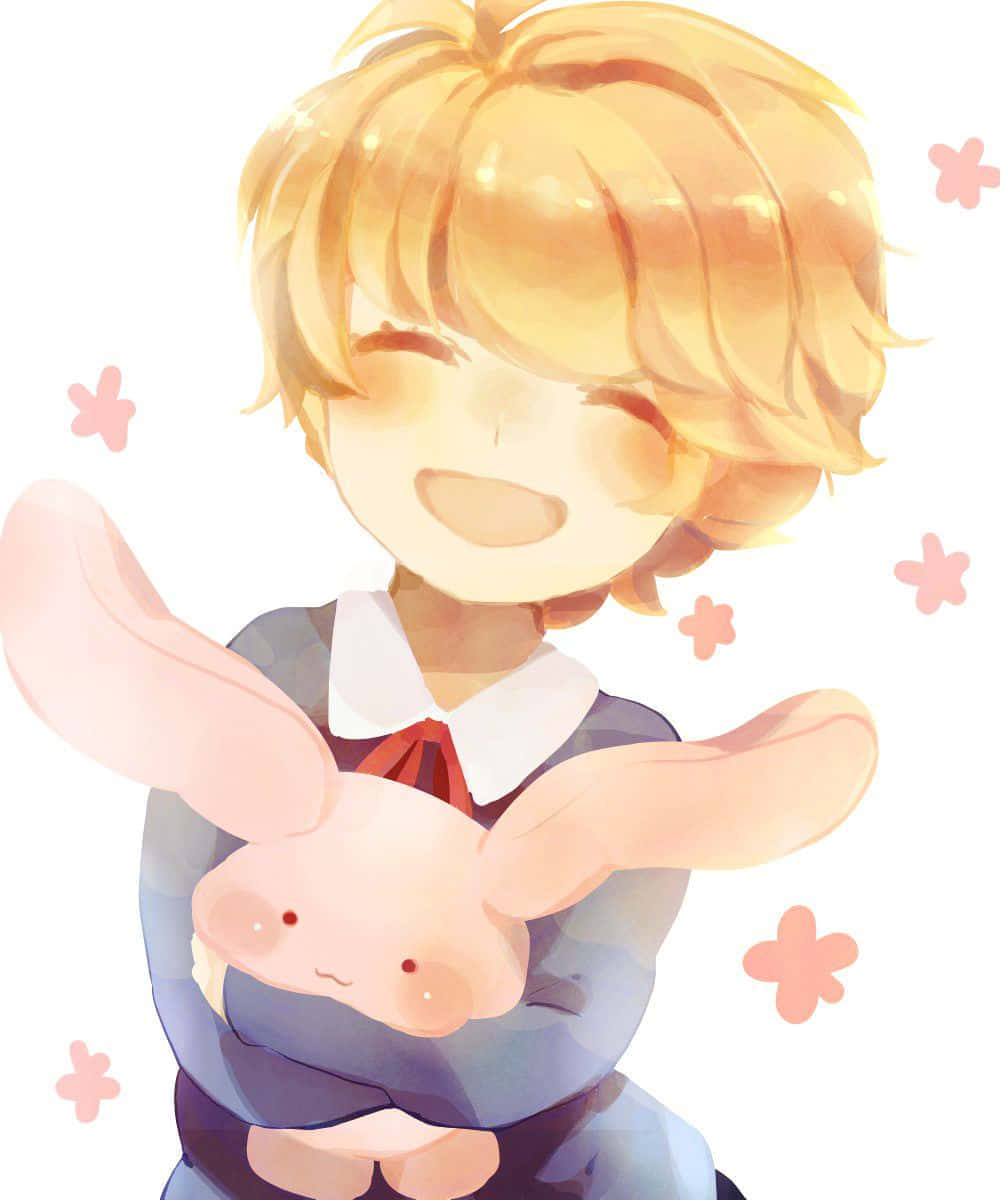 Joyful Anime Character With Bunny Plush Wallpaper