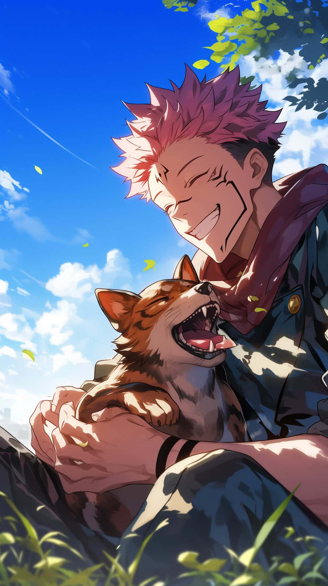 Joyful_ Anime_ Character_with_ Dog_ Under_ Blue_ Sky Wallpaper