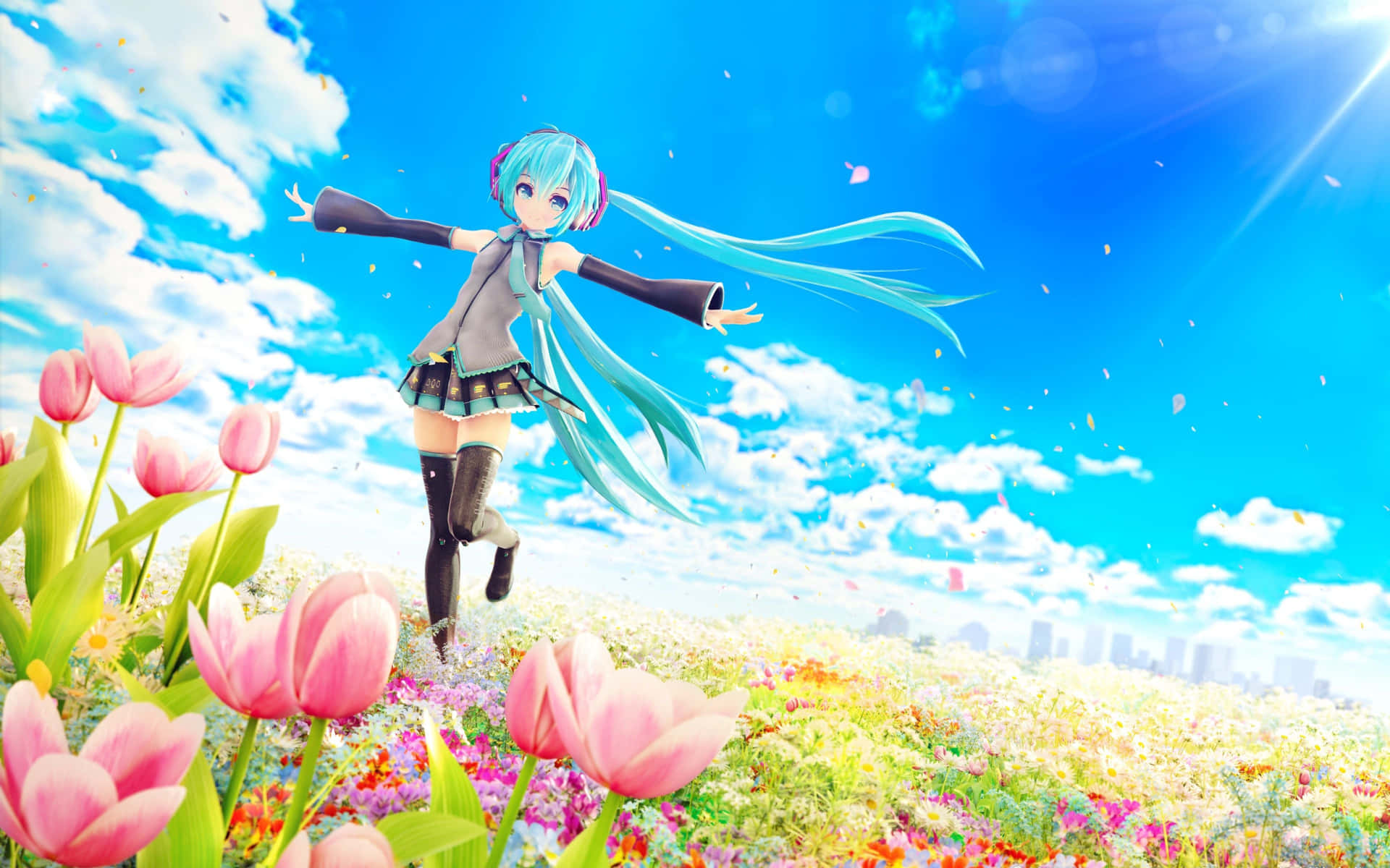 Joyful Anime Characterin Blooming Field Wallpaper