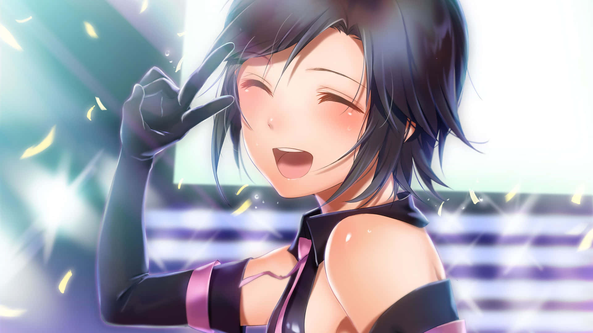 Joyful Anime Girl Sparkling Background Wallpaper