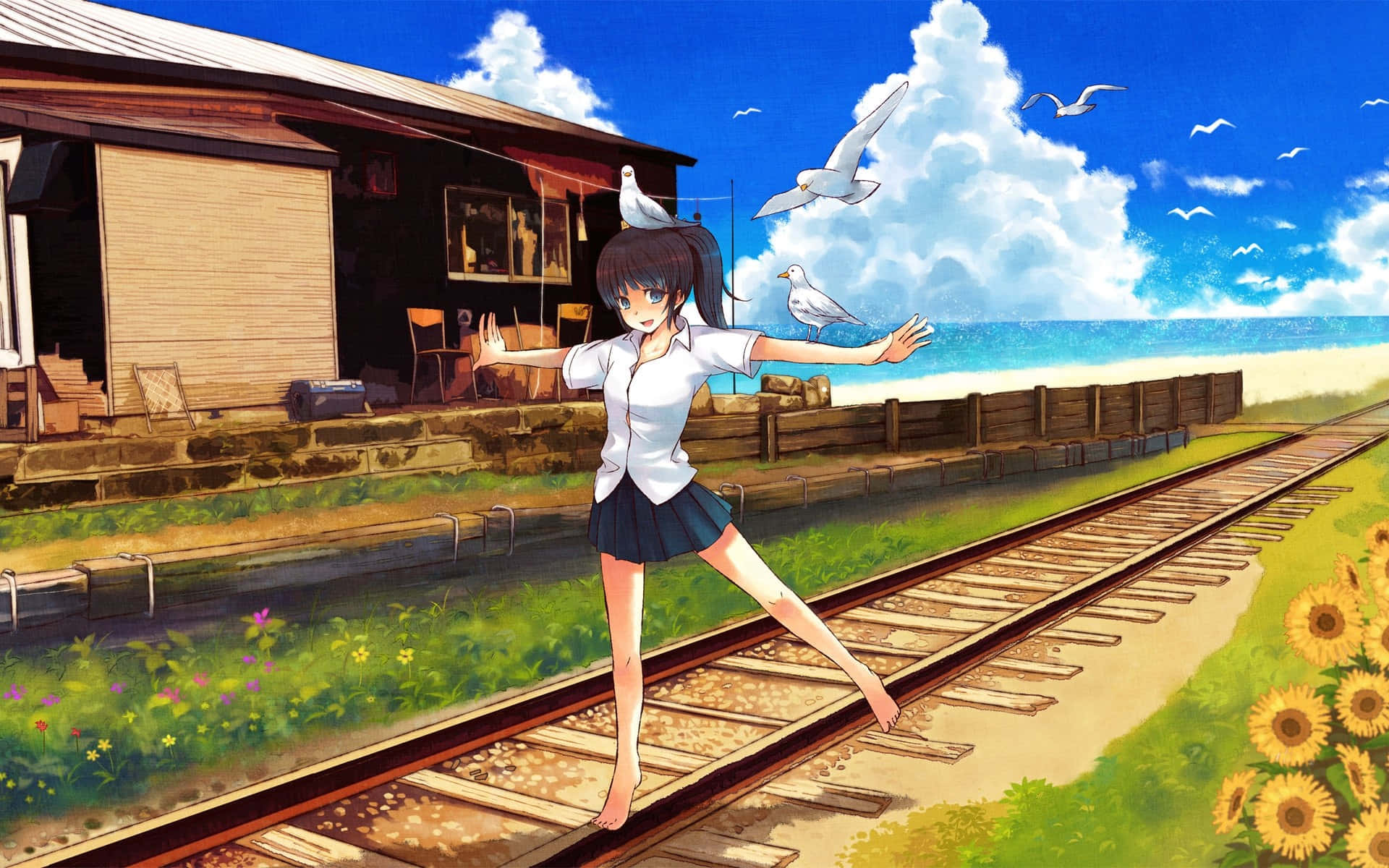 Joyful Anime Girlon Railroad Tracks Wallpaper