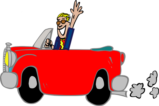 Joyful Cartoon Man Driving Red Car PNG