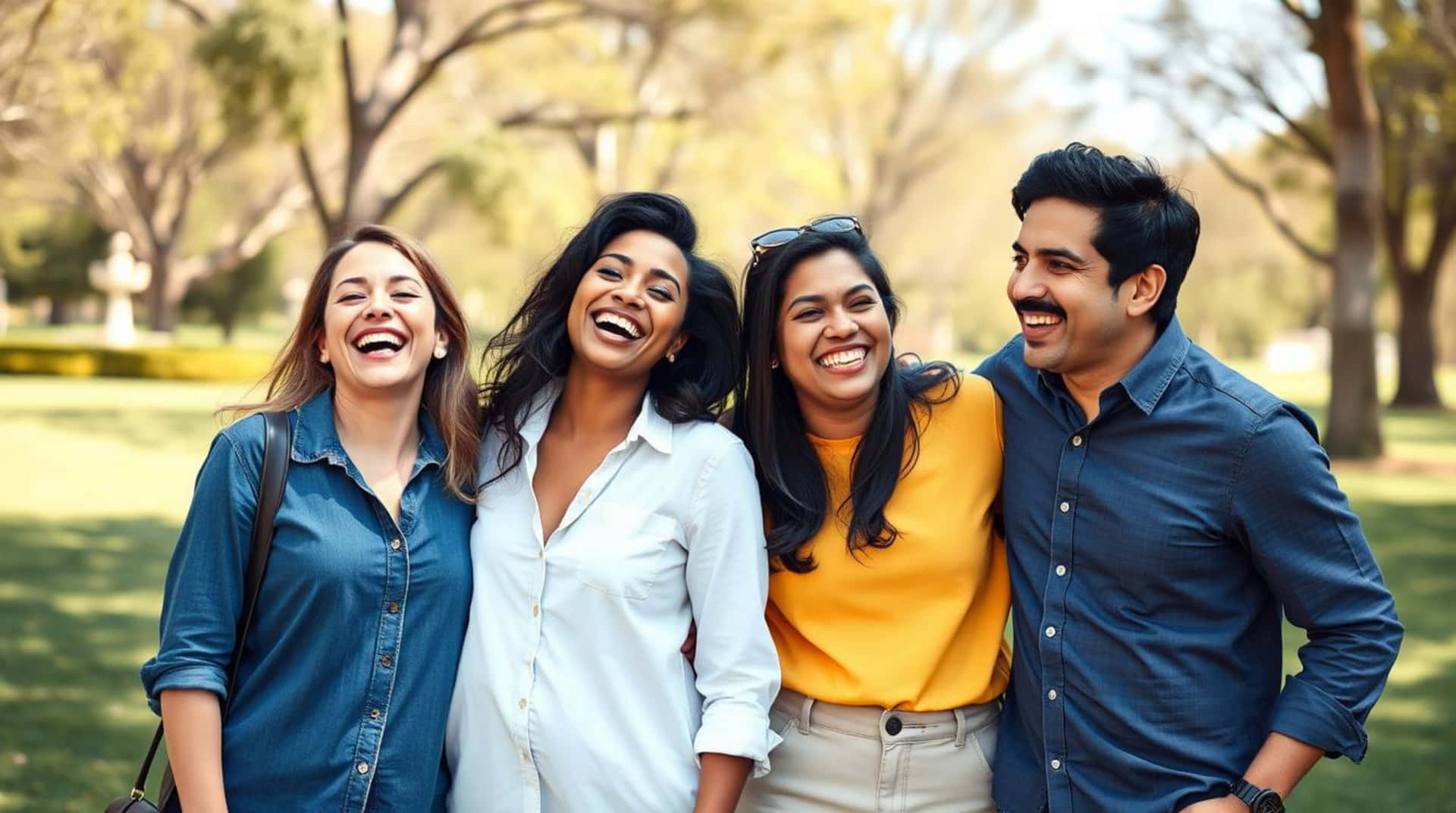 Joyful Diverse Friends Laughing Together Outdoors On A Sunny Day, Creating Vibrant Memories Wallpaper