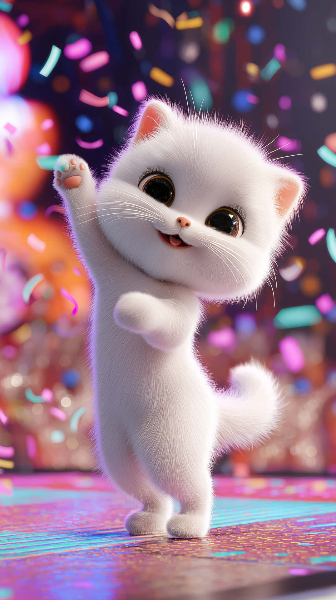 Joyful Fluffy Kitten Dancing With Confetti On Vibrant Stage Wallpaper