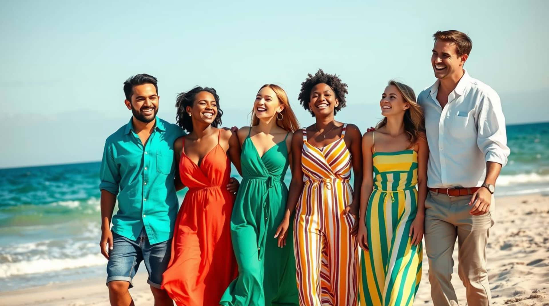 Joyful Friends Embrace Summer Bliss Walking Along A Sun-drenched Beach Wallpaper