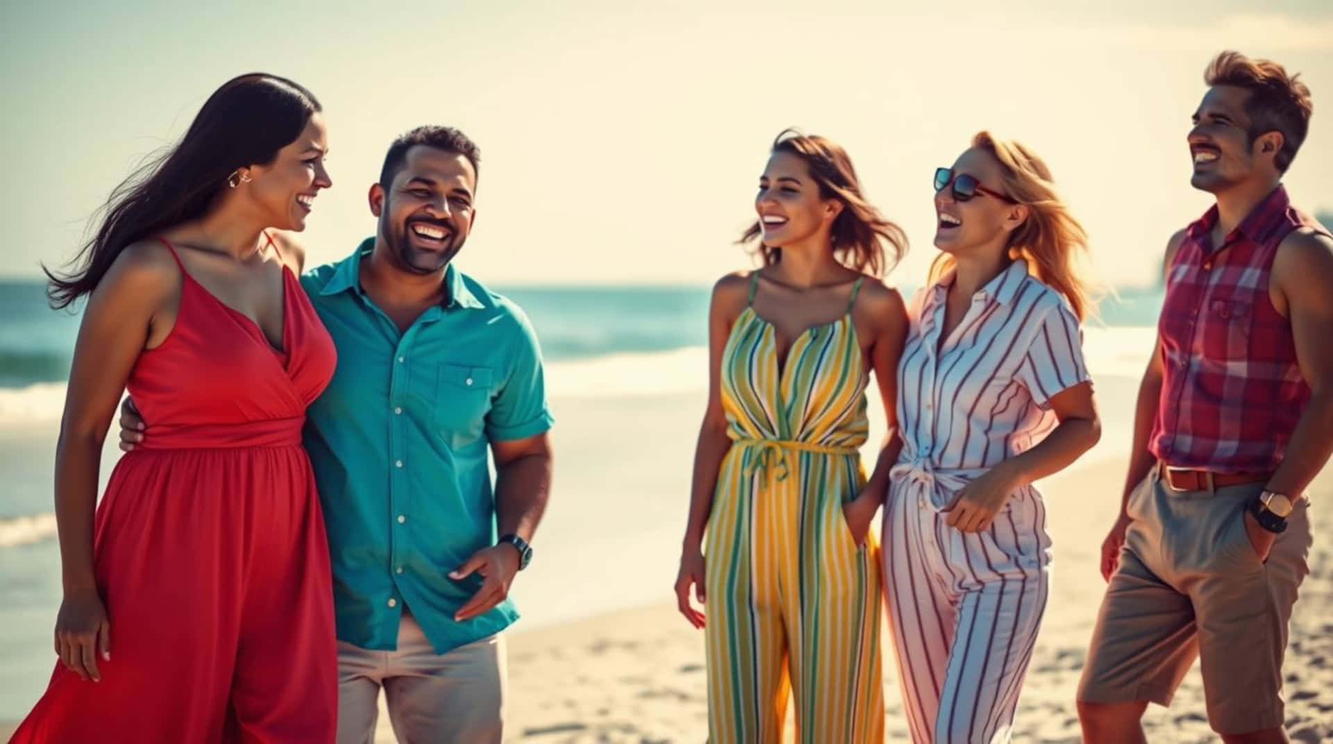 Joyful Friends Laughing And Walking Together On A Sunny Beach, Embracing Summer Vacation Vibes. Wallpaper