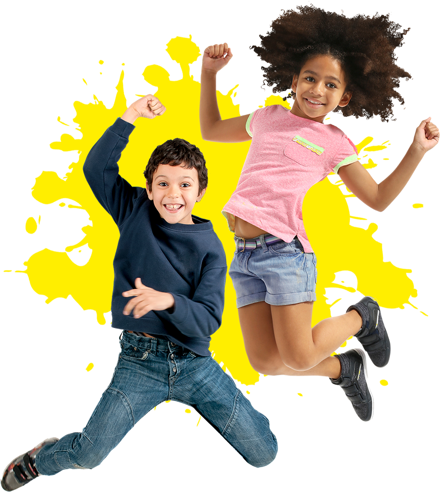 Joyful Kids Jumping Against Yellow Splash Background PNG